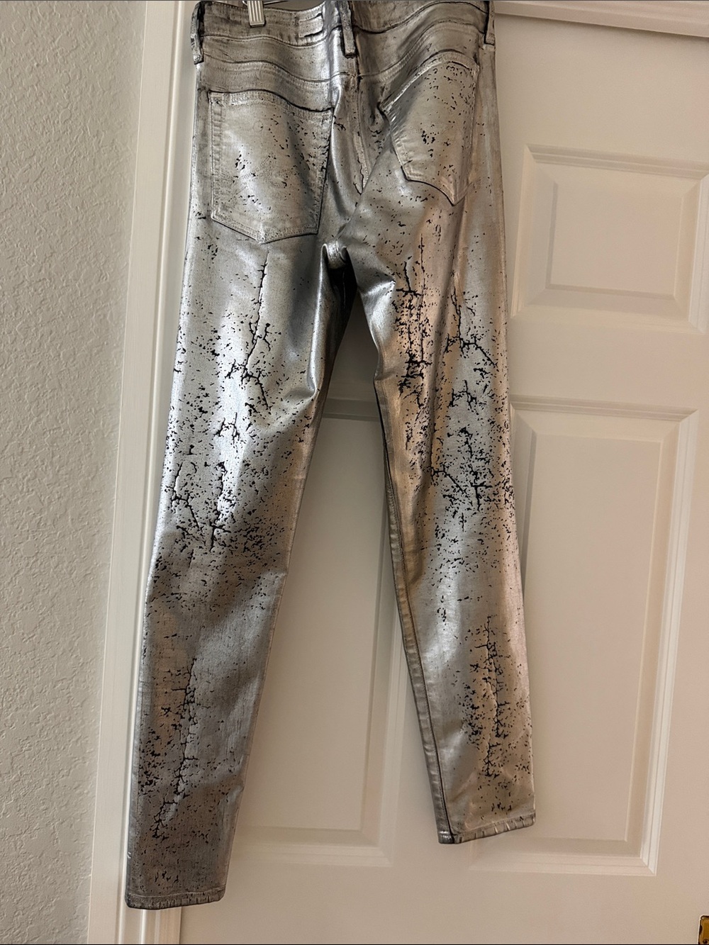 AG Adriano Goldschmied Silver Skinny Pants with Black Splatter